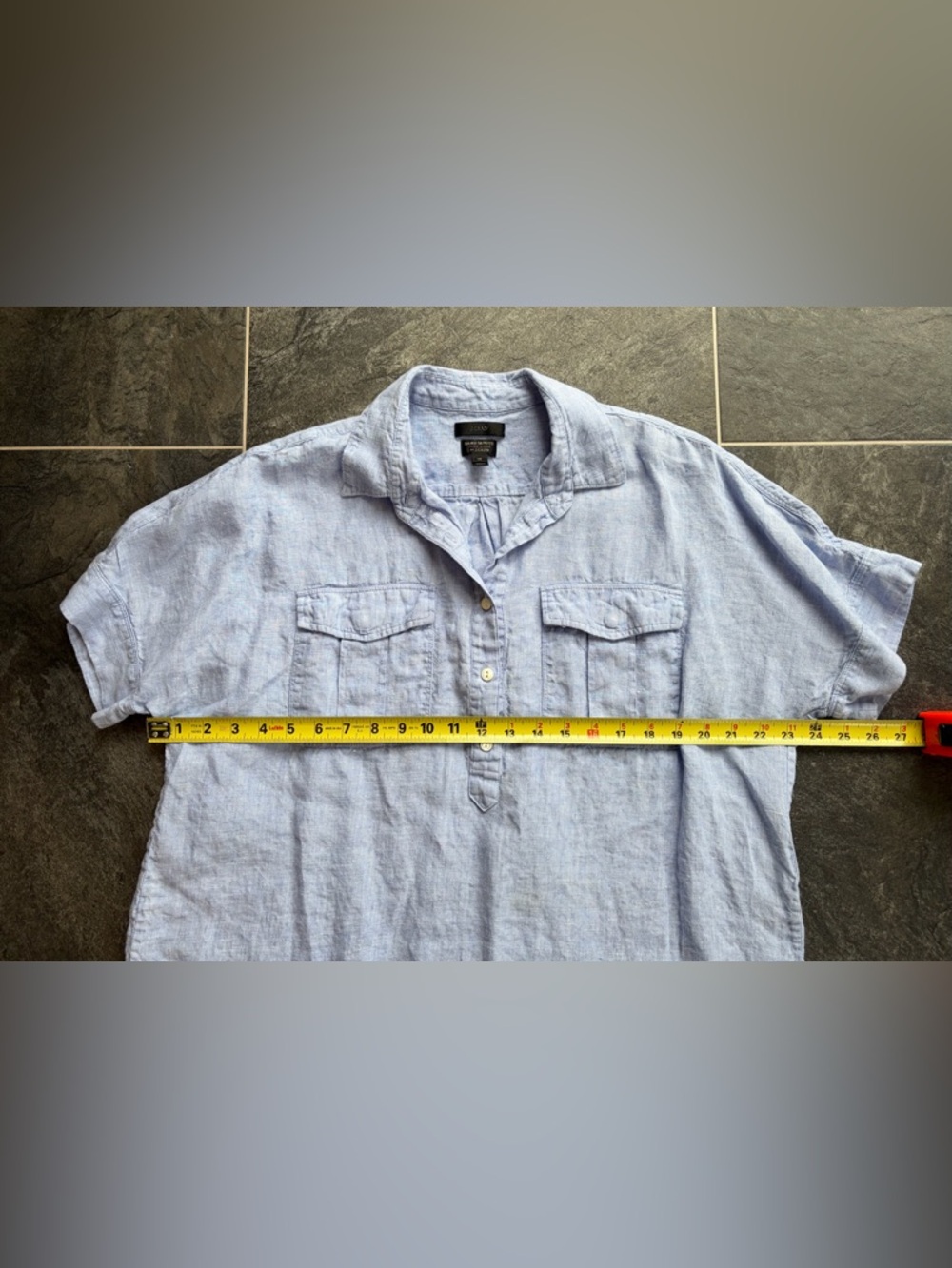 J. Crew Light Blue Irish ☘️ Linen-Short Sleeve Button Placket Shirt - Picture 7 of 8